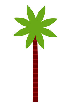 Tropical palm tree illustration with green fronds and red striped trunk, summer beach vacation icon, flat design vector graphic isolated on white background. High res PNG