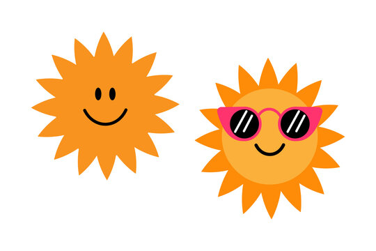 Cute cartoon sun icons with happy faces, one wearing pink sunglasses. Fun summer-themed illustration perfect for kids graphics, weather icons, and sunny vacation designs. Isolated PNG file