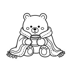 Obraz premium Cute teddy bear wrapped in blanket holding a mug of cocoa 