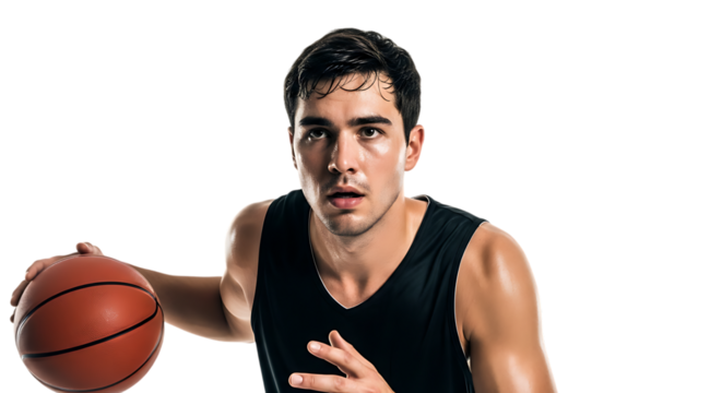 Young athlete prepares for a basketball game with focused expression and ball