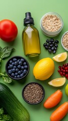 Vibrant Still Life: Fresh Ingredients for Healthy Eating - Tomatoes, Oil, Oats, Lemon, Zucchini, Carrots, Seeds, Basil, and Berries