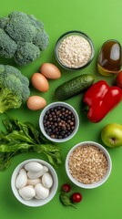 Vibrant Still Life: Fresh Produce & Healthy Ingredients on Green Background - Broccoli, Eggs, Spinach, Oats, Apple, & More for Balanced Diet