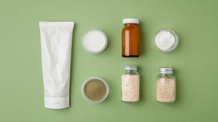 Natural Beauty: Organic Skincare & Wellness Products on Green Background - Cosmetics, Ingredients, and Eco-Friendly Lifestyle Essentials