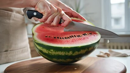female hands cutting raw fresh watermelon with knife in modern kitchen
- Powered by Adobe