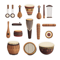 Collection of african musical instruments isolated on transparent background