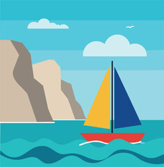Sailboat with yellow and blue sails on sea near rocky cliffs vector illustration 