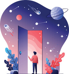 Fototapeta premium Person opening door to cosmic space with planets stars and meteors in purple and pink hues vector illustration 