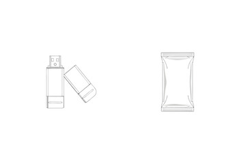 Minimalist one line art illustration of usb drive and wrapped packaging mockup design