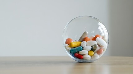 Vibrant Assortment of Pills in Glass Bowl: Pharmaceutical Healthcare for Treatment, Wellness and Recovery on Wooden Surface