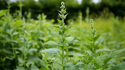 Verdant Tapestry: A Lush Meadow of Wild Green Plants Flourishing in Nature's Embrace, a Botanical Symphony of Life and Growth
