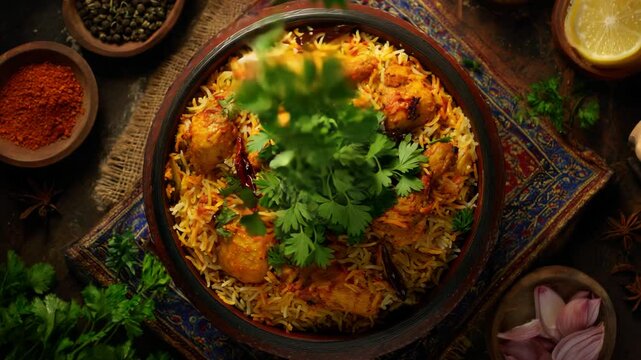 Aromatic chicken biryani prepared with fragrant spices and saffron served in a traditional bowl