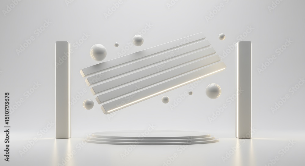 Poster abstract minimalist 3d render: floating white geometric shapes and platform