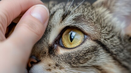 Captivating Gaze: A Close-Up of a Tabby Cat's Golden Eye, Gently Touched by a Loving Hand, Revealing the Beauty of Feline Affection