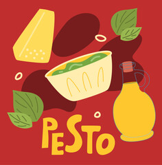 Pesto Sauce. Illustration sauce and ingredients. Cheese, garlic, olive oil, basil.