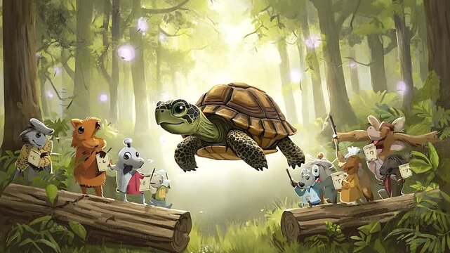 A whimsical forest scene featuring a flying turtle surrounded by various woodland creatures