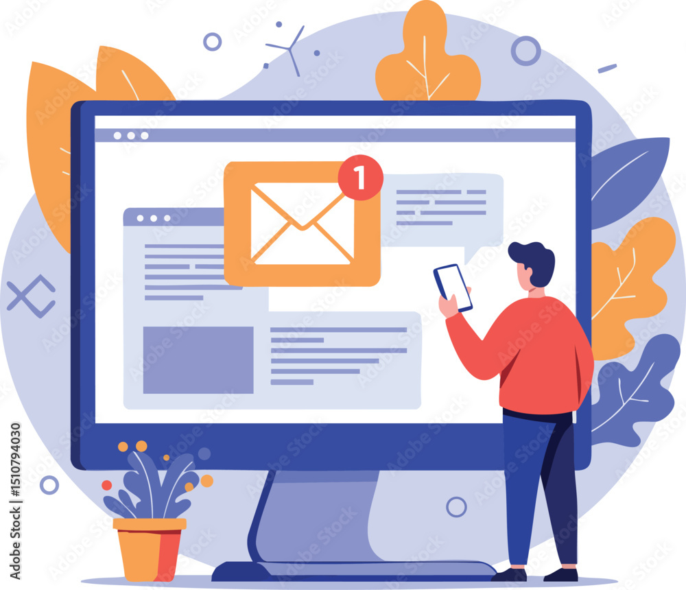 Poster person checking new email notification on large computer screen vector illustration in red and blue 