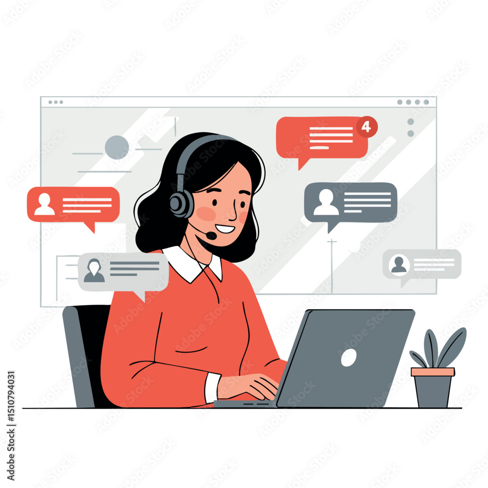 Poster customer support representative working on laptop with headset and chat notifications vector illustr