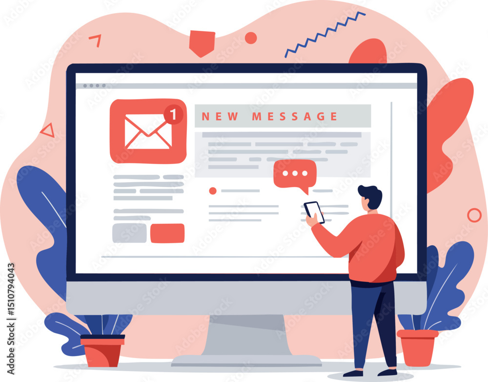 Poster person checking new message notification on computer screen with red and blue elements vector illust