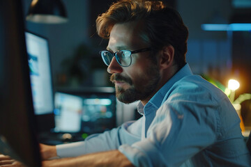 Office Productivity: Worker Engaged with a Computer Monitor