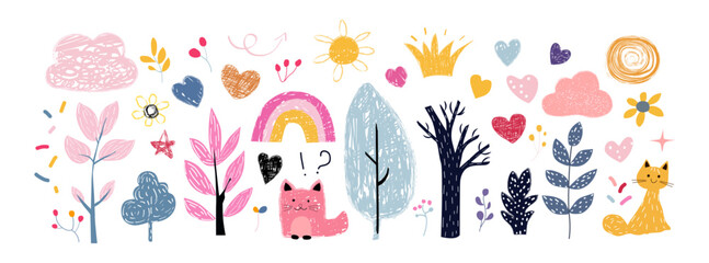 Colorful vector illustration featuring a cute kid style sketch drawn by hand with crayon, pencil, and chalk. 