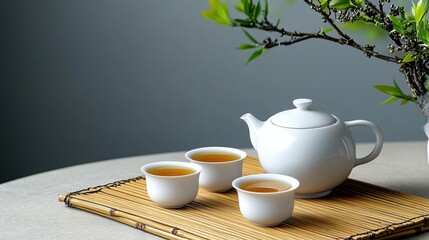 Fototapeta premium A serene tea ceremony scene showcases a white teapot and three cups filled with golden tea placed on a bamboo mat. A delicate branch with leaves adds a touch of nature.