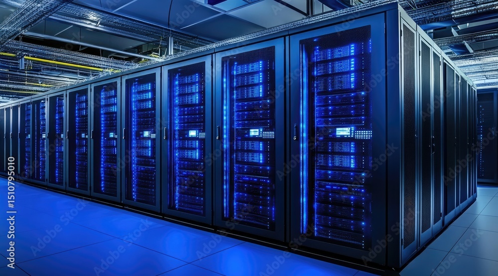 Poster modern high tech data center with rows of illuminated server racks glowing blue, ideal for cybersecu