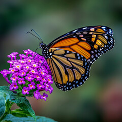Fototapeta premium Close up monarch butterfly perched on vibrant purple flower in natural garden habitat for wildlife photography and pollinator conservation campaigns