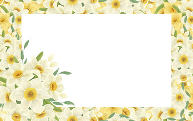 Obraz premium A floral banner frame made from a bouquet of white daffodils, leaves, composition, handmade digital illustration on a white background. An element for the design