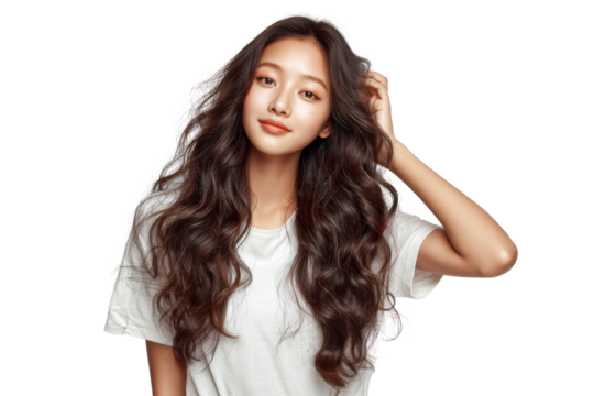 PNG Young asian female with long wavy hair in casual white t-shirt smiling confidently