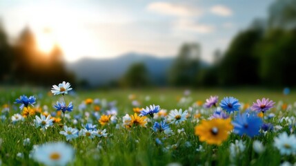 Fototapeta premium A vibrant display of wildflowers fills a lush green meadow, basking in the warm sunlight of a late afternoon. Distant mountains create a picturesque backdrop.