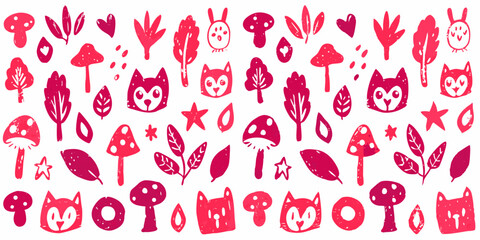 A seamless collage of Magical Forest Theme doodles in pink crayon color