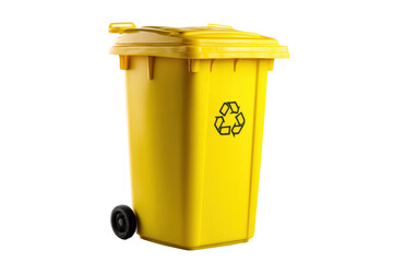PNG Yellow recycling bin with symbol and wheels on white background