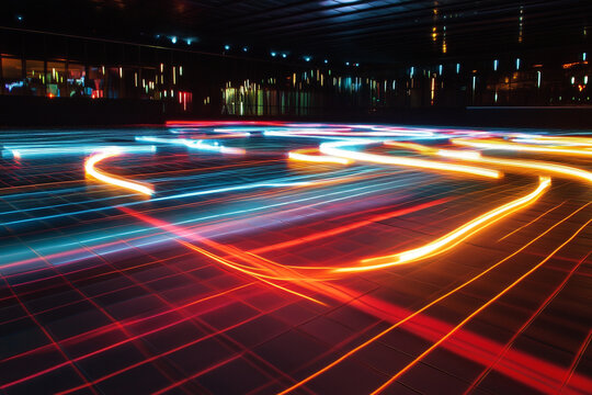 Light trails flowing across retro grid floor