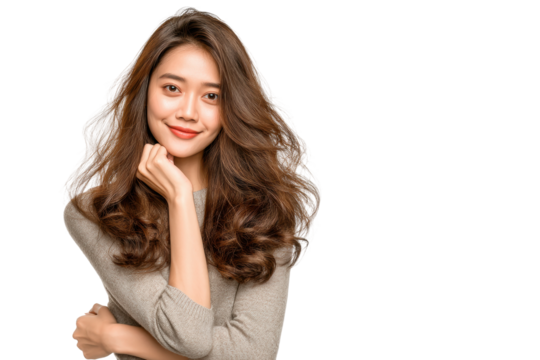 PNG Smiling young asian female with long wavy hair in casual sweater