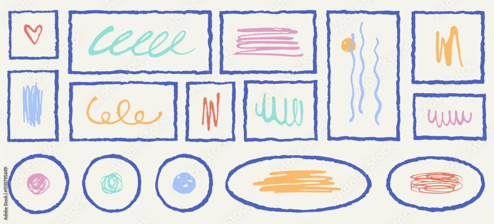 Aufkleber hand drawn text box frames set, rough jagged edge. uneven shaky line ink pen rectangles squares circ