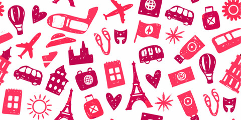 A seamless collage of Travel the World Theme doodles in neon crayon colors