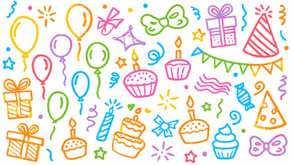 Doodle collage of birthday celebration icons, kid color pencil drawing, Doodle background.
