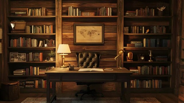 rustic library corner with reclaimed wood walls, vintage bookshelves, iron desk, and warm ambient lighting,