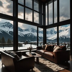 Fototapeta premium Mountain cabin living room with panoramic views
