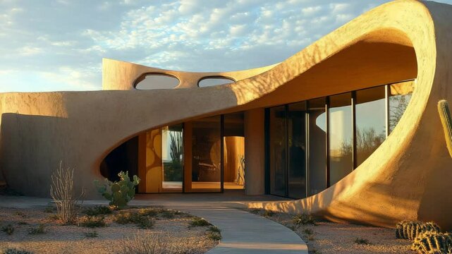 sculptural rammed earth home with flowing curves, skylight cutouts, raw textures, and sunlit shadows cast across earthen walls,