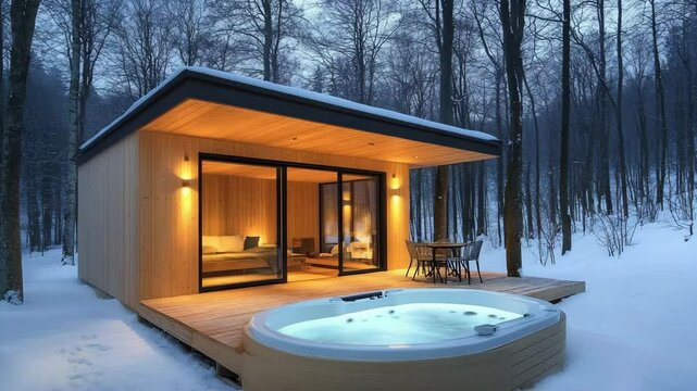Scandinavian modern cabin with light pinewood cladding, sloped roof, outdoor tub, and cozy interior glow in snowy woods