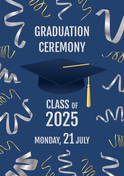College student graduation degree ceremony and party poster invitation flyer with cap and hat