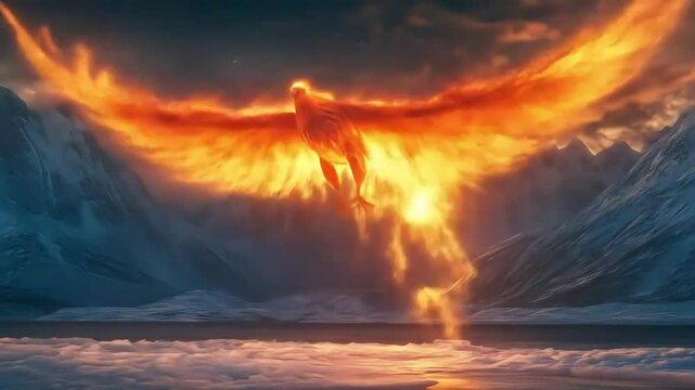 Mythical phoenix bird rising from flames over a serene landscape