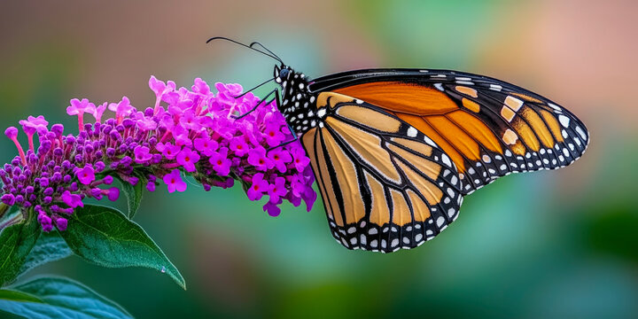 Close up monarch butterfly perched on vibrant purple flower in natural garden habitat for wildlife photography and pollinator conservation campaigns