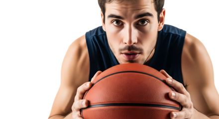Basketball player preparing for a shot with intense focus in a studio