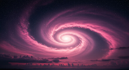 A swirling galaxy of pink and purple clouds with a bright center under a starry night sky view image