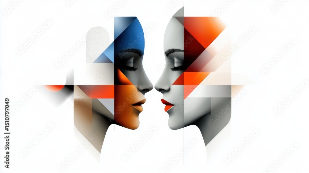 Poster two stylized faces come together in a captivating abstract design, illustrating unity through bold c