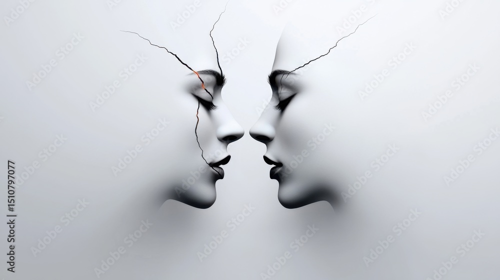 Poster two abstract faces appear to emerge from a stark, cracked surface, creating a striking visual repres