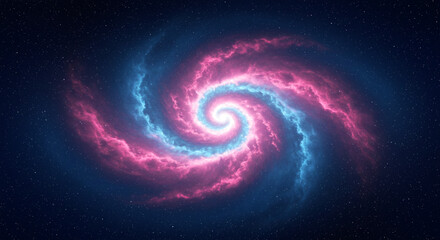 A swirling galaxy with pink and blue hues against a dark sky filled with numerous small stars