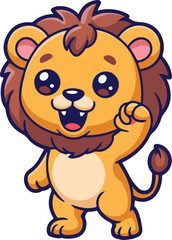 A cheerful cartoon lion cub waving hello with a big smile